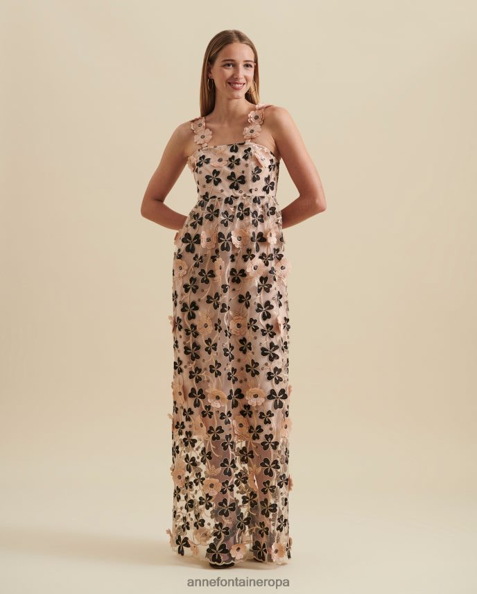ropa es Anne Fontaine mujer vestido belharra vestido largo semitransparente con apliques florales 3d negro/beige/dorado 646LTX118
