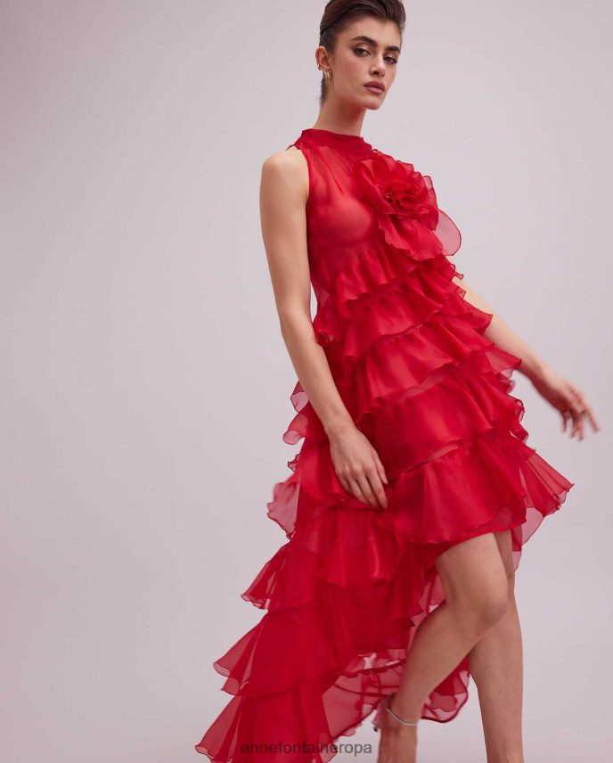 ropa es Anne Fontaine mujer vestido cheryl vestido largo rojo de organza de seda asimétrico con volantes tango rojo 646LTX105