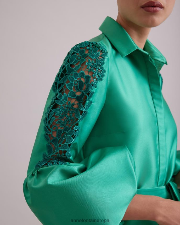 ropa es Anne Fontaine mujer vestido comtesse vestido largo de raso con mangas abullonadas de encaje menta 646LTX109