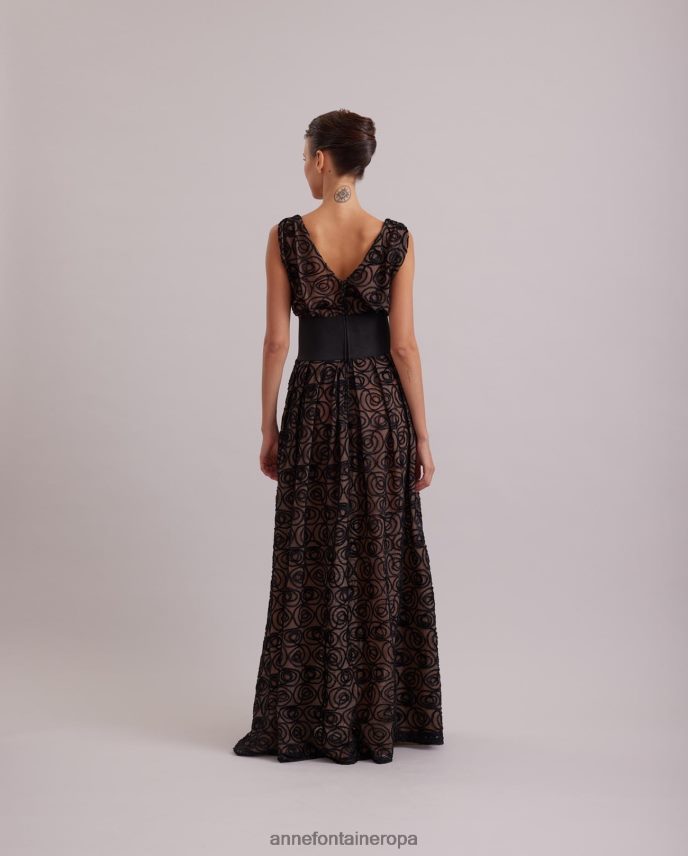 ropa es Anne Fontaine mujer vestido musa vestido transparente sin mangas con capa de red bordada con rosas de terciopelo negro 646LTX103