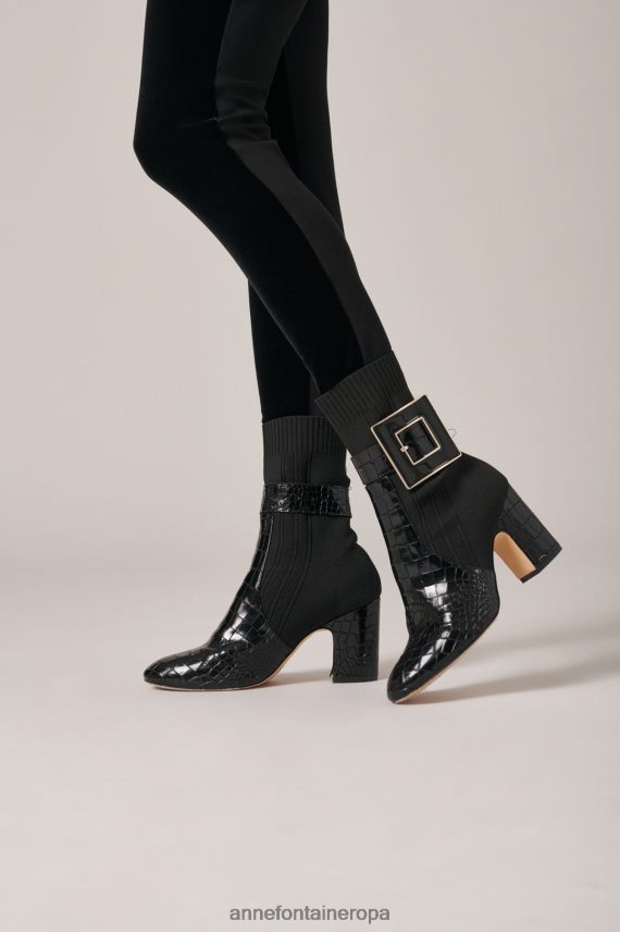 zapatos es Anne Fontaine mujer botas estilo calcetín noemie boot con detalles de cocodrilo y hebilla extraíble negro 646LTX12