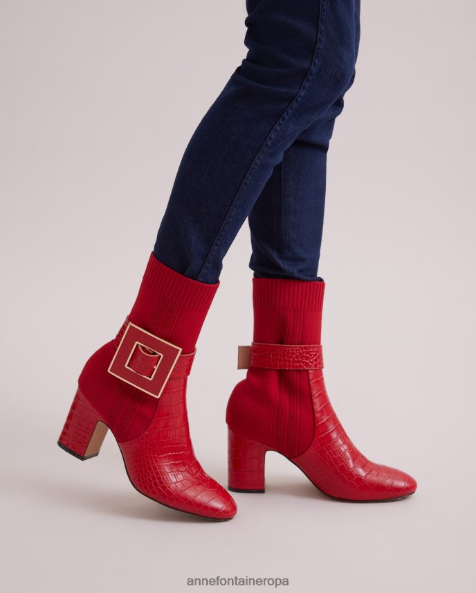 zapatos es Anne Fontaine mujer botas estilo calcetín noemie boot con detalles de cocodrilo y hebilla extraíble rojo amapola 646LTX11