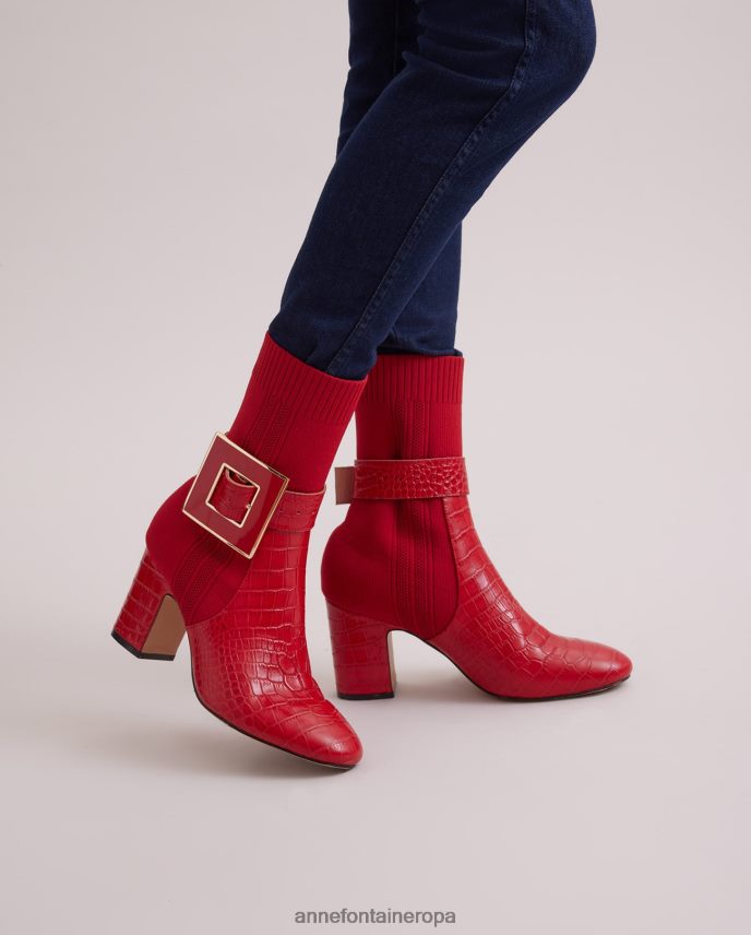zapatos es Anne Fontaine mujer botas estilo calcetín noemie boot con detalles de cocodrilo y hebilla extraíble rojo amapola 646LTX11