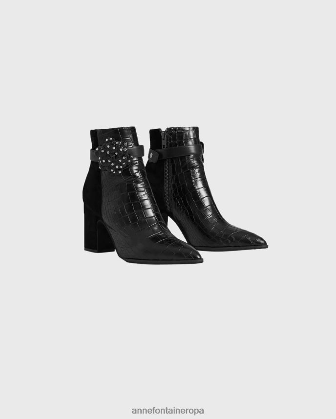 zapatos es Anne Fontaine mujer jason-croco boot botas de ante y piel con relieve de cocodrilo negro 646LTX15