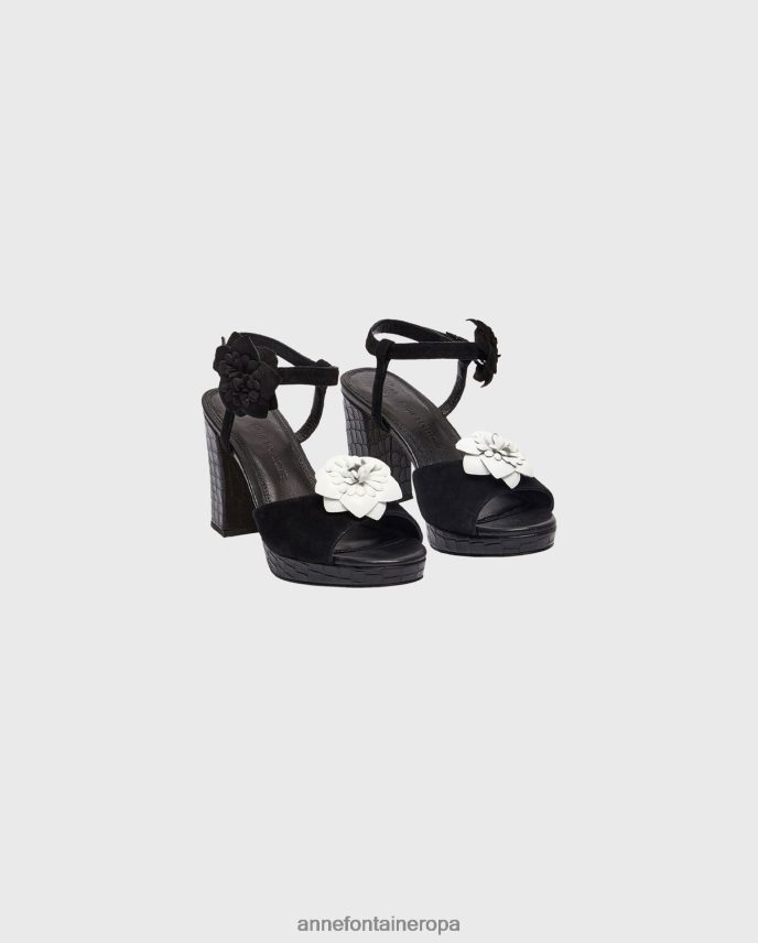 zapatos es Anne Fontaine mujer Zapatos de salón con tacón en bloque y estampado de cocodrilo con tacón Franny y flores extraíbles negro 646LTX46