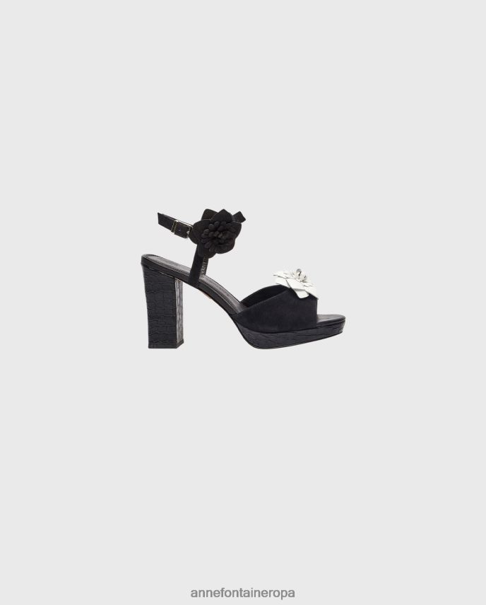 zapatos es Anne Fontaine mujer Zapatos de salón con tacón en bloque y estampado de cocodrilo con tacón Franny y flores extraíbles negro 646LTX46