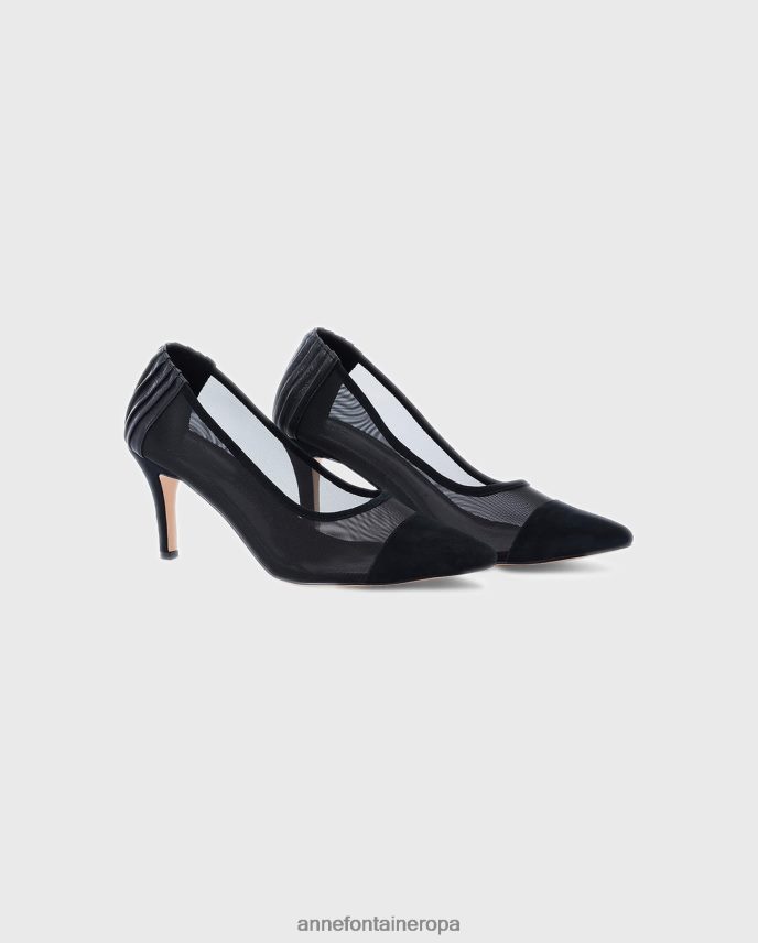 zapatos es Anne Fontaine mujer salón de tacón gisella con cuerpo de malla y flor extraíble negro 646LTX48
